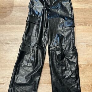 Trendy Black Faux Leather Cargo Pants